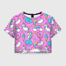 Женская футболка 3D укороченная с принтом Котики и Единороги , 100% полиэстер | круглая горловина, длина футболки до линии талии, рукава с отворотами | единорог | мороженое | пони | пончики | радуга | розовый