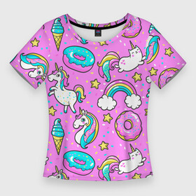 Женская футболка 3D Slim с принтом Котики и Единороги ,  |  | единорог | мороженое | пони | пончики | радуга | розовый