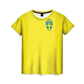 Женская футболка 3D с принтом Швеция домашняя форма ЧМ 2018 , 100% полиэфир ( синтетическое хлопкоподобное полотно) | прямой крой, круглый вырез горловины, длина до линии бедер | домашняя форма | сборная швеции | футбол | футбольная форма | швеция