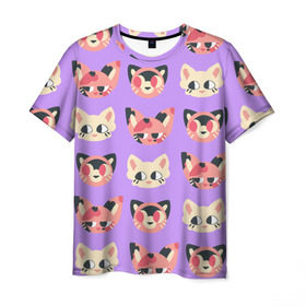 Мужская футболка 3D с принтом Cat and Panda , 100% полиэфир | прямой крой, круглый вырез горловины, длина до линии бедер | animal | cat | cute | kitty | meow | pattern | pet | животное | кот | котенок | котики | мяу | паттерн