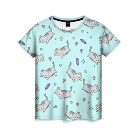 Женская футболка 3D с принтом Кавайные котики , 100% полиэфир ( синтетическое хлопкоподобное полотно) | прямой крой, круглый вырез горловины, длина до линии бедер | animal | cat | cute | kitty | meow | pet | животное | кот | котенок | котики | мяу