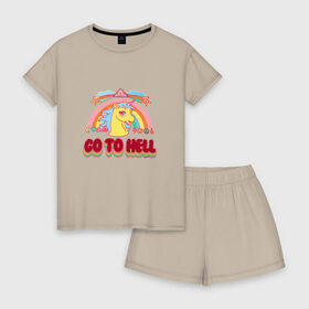 Женская пижама с шортиками хлопок с принтом Радуга единорог , 100% хлопок | футболка прямого кроя, шорты свободные с широкой мягкой резинкой | go to hell | отправляйся в ад
