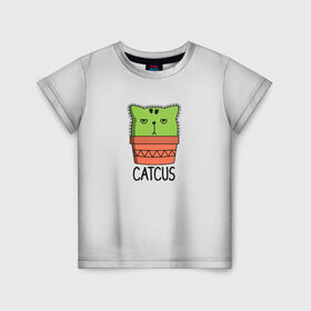 Детская футболка 3D с принтом Catcus , 100% гипоаллергенный полиэфир | прямой крой, круглый вырез горловины, длина до линии бедер, чуть спущенное плечо, ткань немного тянется | кактус | кот | котик