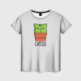 Женская футболка 3D с принтом Catcus , 100% полиэфир ( синтетическое хлопкоподобное полотно) | прямой крой, круглый вырез горловины, длина до линии бедер | Тематика изображения на принте: кактус | кот | котик