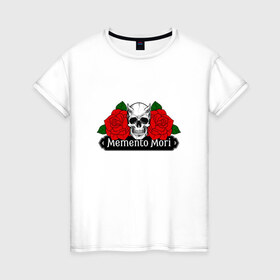 Женская футболка хлопок с принтом Memento mori / Помни о смерти , 100% хлопок | прямой крой, круглый вырез горловины, длина до линии бедер, слегка спущенное плечо | rock | roses | skull | розы | череп
