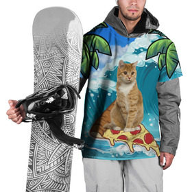 Накидка на куртку 3D с принтом Сёрфинг на Пицце , 100% полиэстер |  | cat | palm | pizza | surfing | wave | волна | животное | кот | пальмы | пицца | серфинг