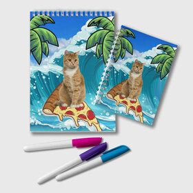 Блокнот с принтом Сёрфинг на Пицце , 100% бумага | 48 листов, плотность листов — 60 г/м2, плотность картонной обложки — 250 г/м2. Листы скреплены удобной пружинной спиралью. Цвет линий — светло-серый
 | Тематика изображения на принте: cat | palm | pizza | surfing | wave | волна | животное | кот | пальмы | пицца | серфинг