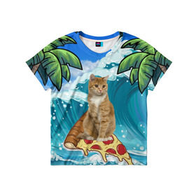 Детская футболка 3D с принтом Сёрфинг на Пицце , 100% гипоаллергенный полиэфир | прямой крой, круглый вырез горловины, длина до линии бедер, чуть спущенное плечо, ткань немного тянется | cat | palm | pizza | surfing | wave | волна | животное | кот | пальмы | пицца | серфинг