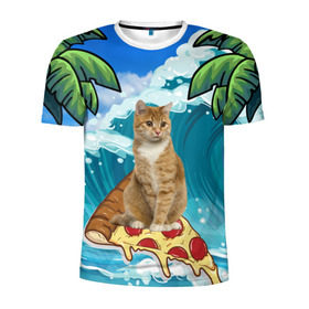 Мужская футболка 3D спортивная с принтом Сёрфинг на Пицце , 100% полиэстер с улучшенными характеристиками | приталенный силуэт, круглая горловина, широкие плечи, сужается к линии бедра | Тематика изображения на принте: cat | palm | pizza | surfing | wave | волна | животное | кот | пальмы | пицца | серфинг