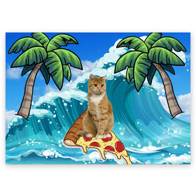 Поздравительная открытка с принтом Сёрфинг на Пицце , 100% бумага | плотность бумаги 280 г/м2, матовая, на обратной стороне линовка и место для марки
 | Тематика изображения на принте: cat | palm | pizza | surfing | wave | волна | животное | кот | пальмы | пицца | серфинг