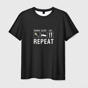 Мужская футболка 3D с принтом Tennis Sleep Eat , 100% полиэфир | прямой крой, круглый вырез горловины, длина до линии бедер | 