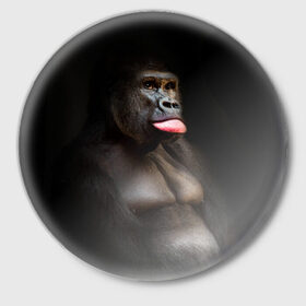 Значок с принтом Горилла ,  металл | круглая форма, металлическая застежка в виде булавки | горилла | животные | обезьяна | прикол | природа | смешно | юмор | язык