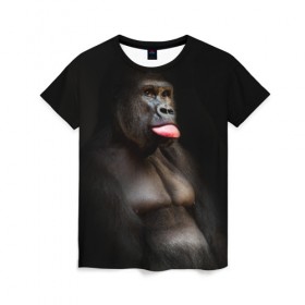 Женская футболка 3D с принтом Горилла , 100% полиэфир ( синтетическое хлопкоподобное полотно) | прямой крой, круглый вырез горловины, длина до линии бедер | горилла | животные | обезьяна | прикол | природа | смешно | юмор | язык