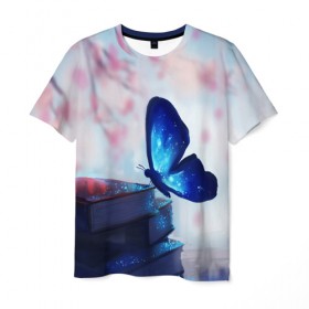 Мужская футболка 3D с принтом Волшебная бабочка , 100% полиэфир | прямой крой, круглый вырез горловины, длина до линии бедер | Тематика изображения на принте: бабочка | волшебная бабочка | голубая бабочка | книги | насекомая | насекомое | пыльца | синея бабочка