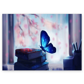 Поздравительная открытка с принтом ВОЛШЕБНАЯ БАБОЧКА. , 100% бумага | плотность бумаги 280 г/м2, матовая, на обратной стороне линовка и место для марки
 | Тематика изображения на принте: бабочка | волшебная бабочка | голубая бабочка | книги | насекомая | насекомое | пыльца | синея бабочка