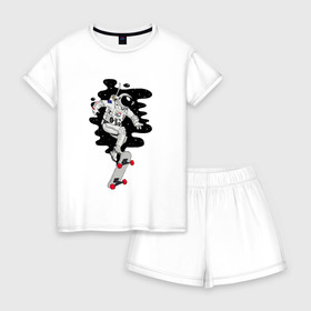 Женская пижама с шортиками хлопок с принтом Космо скейт , 100% хлопок | футболка прямого кроя, шорты свободные с широкой мягкой резинкой | космонавт | космос | скейт