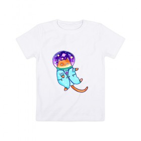 Детская футболка хлопок с принтом Кот и космос , 100% хлопок | круглый вырез горловины, полуприлегающий силуэт, длина до линии бедер | Тематика изображения на принте: звезды | космонавт | космос | кот