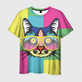 Мужская футболка 3D с принтом Яркий Кот , 100% полиэфир | прямой крой, круглый вырез горловины, длина до линии бедер | Тематика изображения на принте: кот в очках | очки | радуга