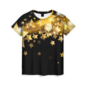 Женская футболка 3D с принтом Золотые звездочки , 100% полиэфир ( синтетическое хлопкоподобное полотно) | прямой крой, круглый вырез горловины, длина до линии бедер | 3d | звездочки | звезды | золото | золотые звездочки | картинка | черный фон