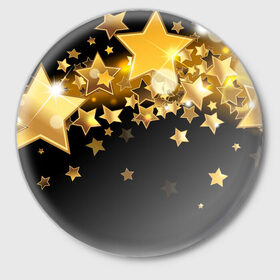 Значок с принтом Золотые звездочки ,  металл | круглая форма, металлическая застежка в виде булавки | 3d | звездочки | звезды | золото | золотые звездочки | картинка | черный фон