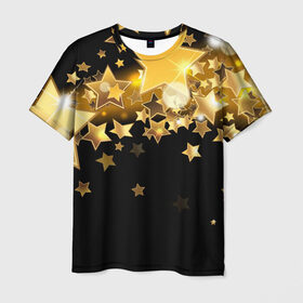 Мужская футболка 3D с принтом Золотые звездочки , 100% полиэфир | прямой крой, круглый вырез горловины, длина до линии бедер | Тематика изображения на принте: 3d | звездочки | звезды | золото | золотые звездочки | картинка | черный фон