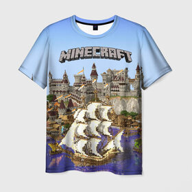Мужская футболка 3D с принтом Корабль и замок в манкрафт. , 100% полиэфир | прямой крой, круглый вырез горловины, длина до линии бедер | minekraft | замок | корабль | майнкрафт | море | парусаminecraft