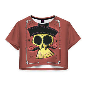 Женская футболка 3D укороченная с принтом Dia de los Muertos , 100% полиэстер | круглая горловина, длина футболки до линии талии, рукава с отворотами | череп