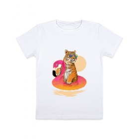 Детская футболка хлопок с принтом Тигр , 100% хлопок | круглый вырез горловины, полуприлегающий силуэт, длина до линии бедер | лето | пляж | солнце | тигр | фламинго