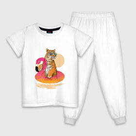 Детская пижама хлопок с принтом Тигр , 100% хлопок |  брюки и футболка прямого кроя, без карманов, на брюках мягкая резинка на поясе и по низу штанин
 | лето | пляж | солнце | тигр | фламинго