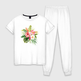 Женская пижама хлопок с принтом Букет цветов , 100% хлопок | брюки и футболка прямого кроя, без карманов, на брюках мягкая резинка на поясе и по низу штанин | цветы
