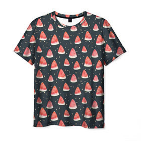 Мужская футболка 3D с принтом Tropical melon dark , 100% полиэфир | прямой крой, круглый вырез горловины, длина до линии бедер | арбуз