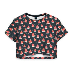Женская футболка 3D укороченная с принтом Tropical melon dark , 100% полиэстер | круглая горловина, длина футболки до линии талии, рукава с отворотами | арбуз