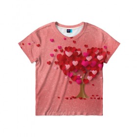 Детская футболка 3D с принтом Дерево с сердечками , 100% гипоаллергенный полиэфир | прямой крой, круглый вырез горловины, длина до линии бедер, чуть спущенное плечо, ткань немного тянется | 