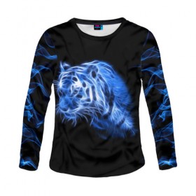 Женский лонгслив 3D с принтом Синий тигр , 100% полиэстер | длинные рукава, круглый вырез горловины, полуприлегающий силуэт | tiger | большая кошка | огонь | пламя | тигр | хищник