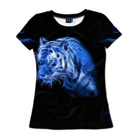 Женская футболка 3D с принтом Синий тигр , 100% полиэфир ( синтетическое хлопкоподобное полотно) | прямой крой, круглый вырез горловины, длина до линии бедер | tiger | большая кошка | огонь | пламя | тигр | хищник