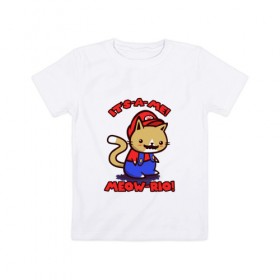 Детская футболка хлопок с принтом It`s-a-me! Meow-rio! , 100% хлопок | круглый вырез горловины, полуприлегающий силуэт, длина до линии бедер | Тематика изображения на принте: 
