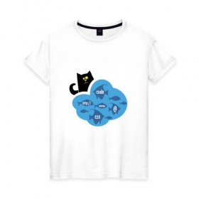 Женская футболка хлопок с принтом Кот программиста , 100% хлопок | прямой крой, круглый вырез горловины, длина до линии бедер, слегка спущенное плечо | картинки со смыслом | код | кот | котик | ловить рыбку | офис | прикольные картинки | программистам | работа