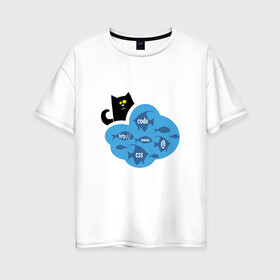 Женская футболка хлопок Oversize с принтом Кот программиста , 100% хлопок | свободный крой, круглый ворот, спущенный рукав, длина до линии бедер
 | картинки со смыслом | код | кот | котик | ловить рыбку | офис | прикольные картинки | программистам | работа