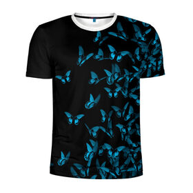 Мужская футболка 3D спортивная с принтом Синие бабочки , 100% полиэстер с улучшенными характеристиками | приталенный силуэт, круглая горловина, широкие плечи, сужается к линии бедра | Тематика изображения на принте: бабочка | мотылек | насекомые | синий