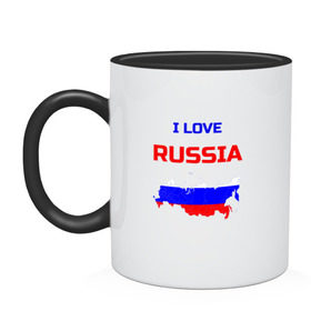 Кружка двухцветная с принтом Я люблю Россию (I love Russia) , керамика | объем — 330 мл, диаметр — 80 мм. Цветная ручка и кайма сверху, в некоторых цветах — вся внутренняя часть | i love | russia | russian | я люблю россию