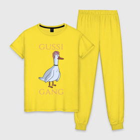 Женская пижама хлопок с принтом GUSSI GANG , 100% хлопок | брюки и футболка прямого кроя, без карманов, на брюках мягкая резинка на поясе и по низу штанин | 