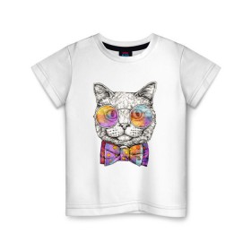Детская футболка хлопок с принтом Кот в очках , 100% хлопок | круглый вырез горловины, полуприлегающий силуэт, длина до линии бедер | Тематика изображения на принте: кот | кот в очках | котик | котики | кошка