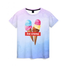 Женская футболка 3D с принтом Ice Creme , 100% полиэфир ( синтетическое хлопкоподобное полотно) | прямой крой, круглый вырез горловины, длина до линии бедер | ice cream | supreme | игра слов | лето | мороженое | рожок | тренд