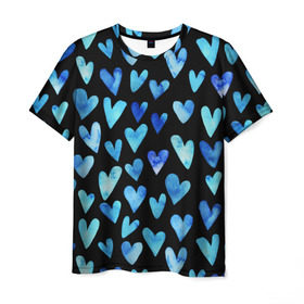 Мужская футболка 3D с принтом Blue Hearts , 100% полиэфир | прямой крой, круглый вырез горловины, длина до линии бедер | акварель | любовь | паттерн | сердечки