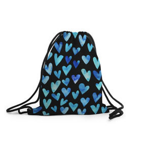 Рюкзак-мешок 3D с принтом Blue Hearts , 100% полиэстер | плотность ткани — 200 г/м2, размер — 35 х 45 см; лямки — толстые шнурки, застежка на шнуровке, без карманов и подкладки | акварель | любовь | паттерн | сердечки
