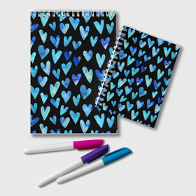 Блокнот с принтом Blue Hearts , 100% бумага | 48 листов, плотность листов — 60 г/м2, плотность картонной обложки — 250 г/м2. Листы скреплены удобной пружинной спиралью. Цвет линий — светло-серый
 | Тематика изображения на принте: акварель | любовь | паттерн | сердечки