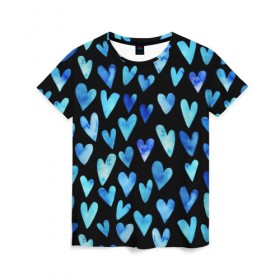 Женская футболка 3D с принтом Blue Hearts , 100% полиэфир ( синтетическое хлопкоподобное полотно) | прямой крой, круглый вырез горловины, длина до линии бедер | акварель | любовь | паттерн | сердечки