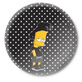 Значок с принтом Барт с дредами ,  металл | круглая форма, металлическая застежка в виде булавки | Тематика изображения на принте: bart simspon | black | барт | горошек | дреды | симпсон | черный
