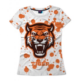 Женская футболка 3D с принтом Огненный тигр , 100% полиэфир ( синтетическое хлопкоподобное полотно) | прямой крой, круглый вырез горловины, длина до линии бедер | дикий | желтый | зверь | злой | лес | охотник | стая | тигр | узор | хищник | черный | шерсть