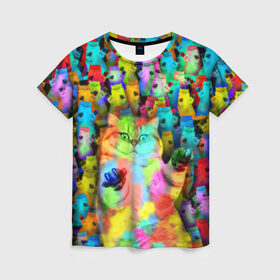 Женская футболка 3D с принтом Котики на дискотеке , 100% полиэфир ( синтетическое хлопкоподобное полотно) | прямой крой, круглый вырез горловины, длина до линии бедер | кошки | паттерн | психоделика | разноцветный | яркий